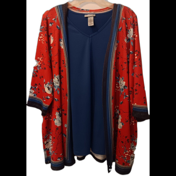 Catherines Womens Red Blue White Floral Cardigan Attached Tank Combo Set, Sz. 0X - Picture 1 of 5